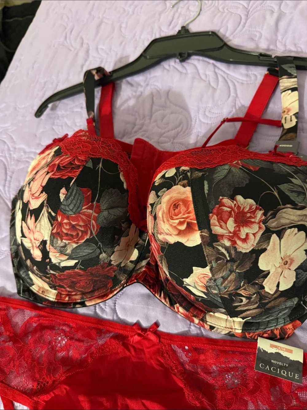 Cacique Red Floral Underwire Bra with Matching Red Lace Thong